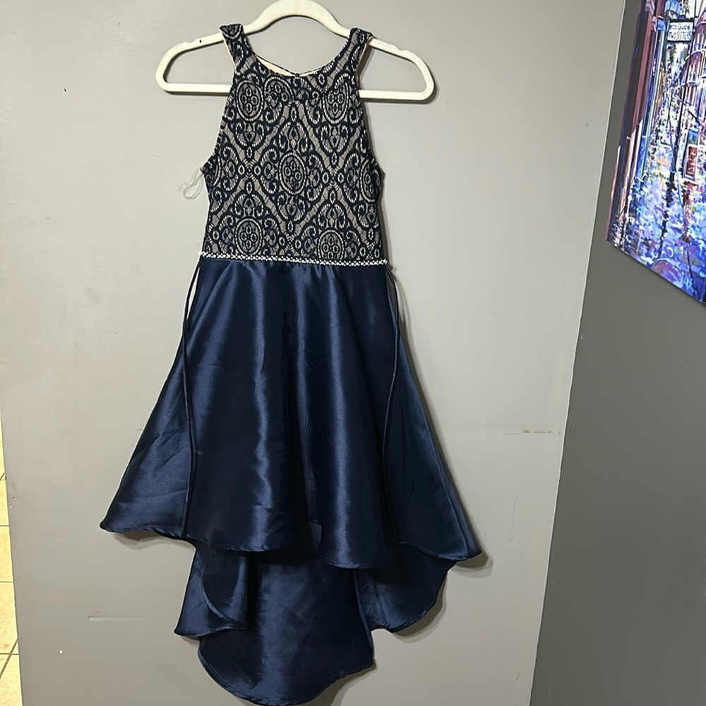 Xtraordinary girls blue & pearl lace formal dress w/ long back